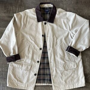 Lands' End Barn Chore Jacket Beige with Dark Brown Corduroy Trim - 100% Cotton